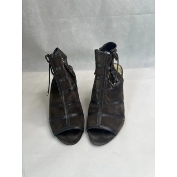 Lauren Ralph Lauren Brown Faux Suede Open Toe Side Zip Side Tie High Heel Sz 7B - Picture 8 of 8